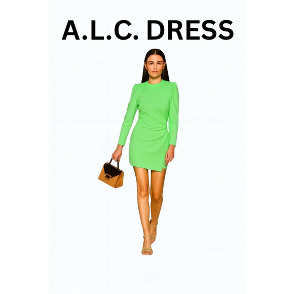 A.L.C. Lime Green Long Sleeve Asymmetrical Mini Dress Sizes 6, 8, & 10 - Picture 3 of 6